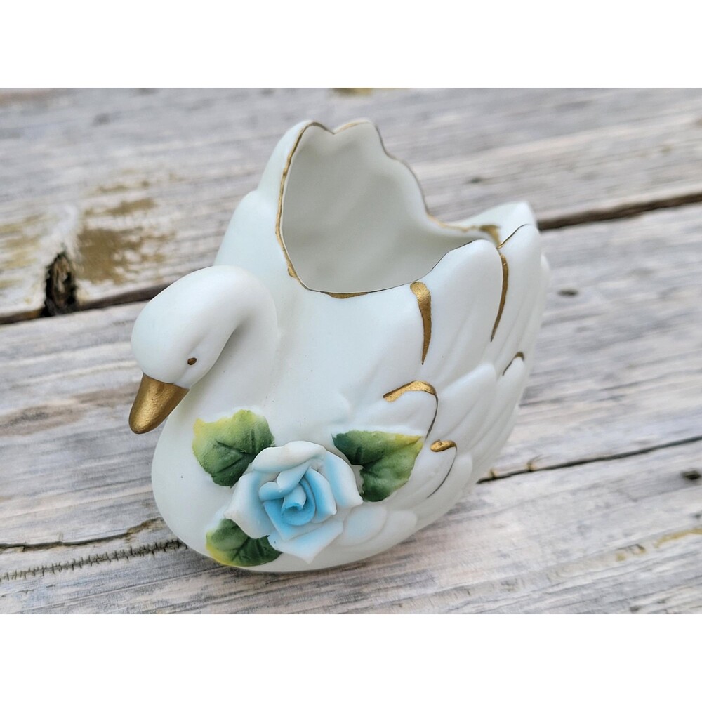 White Swan Trinket Dish Figurine Blue Rose Gold